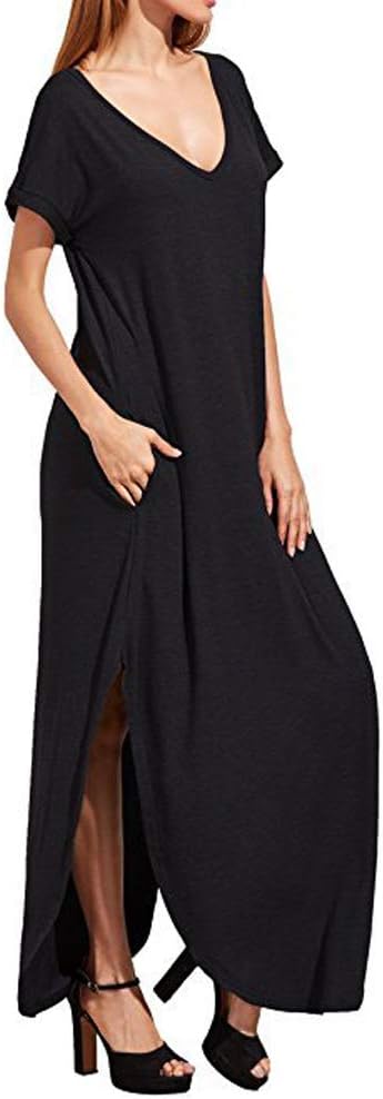 V-Neck Short Sleeve Plain Long Dress  with Pockets