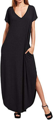 V-Neck Short Sleeve Plain Long Dress  with Pockets